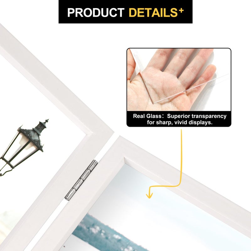 Forev 5x5 Double Picture Frame Wooden Hinged Photo Frame Definition Glass Stand Vertically on Desktop or Tabletop White - Image 4